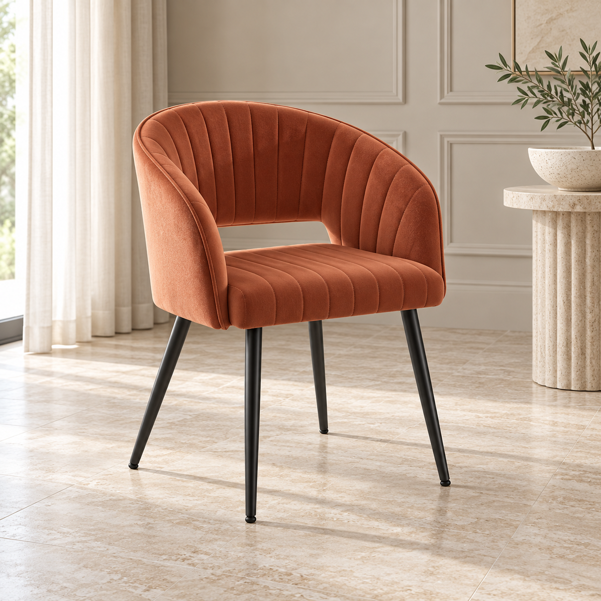 Terracotta Channel-Tufted Dining Chair, side view in a styled lifestyle setting.