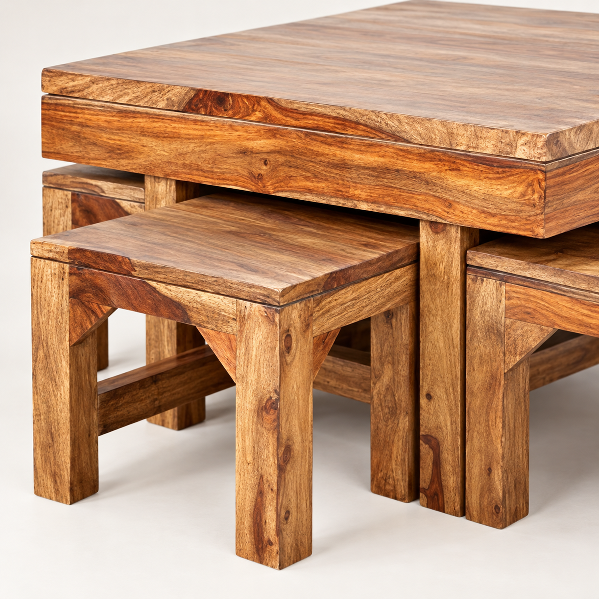 Thick-Top Centre Table with Four Wooden Stools – wood and seat detail close-up