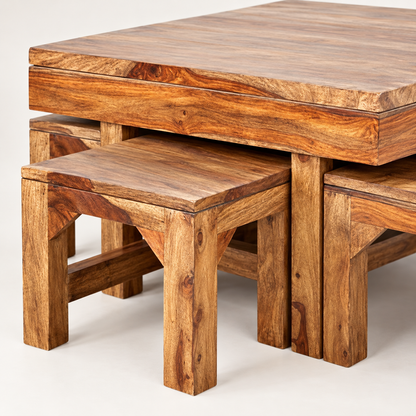 Thick-Top Centre Table with Four Wooden Stools – wood and seat detail close-up