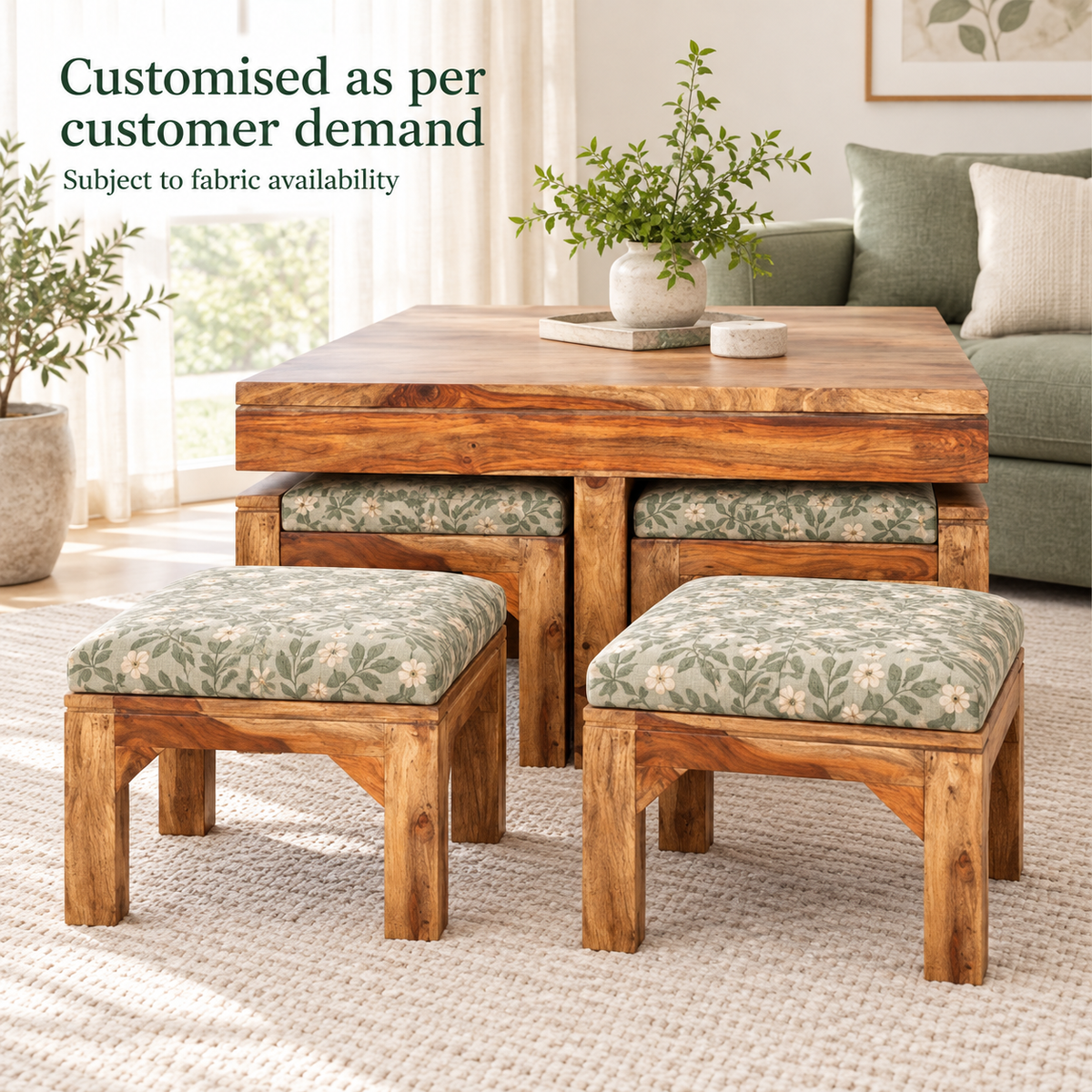 Thick-Top Centre Table with Four Wooden Stools – designer-fabric customisation preview, subject to fabric availability