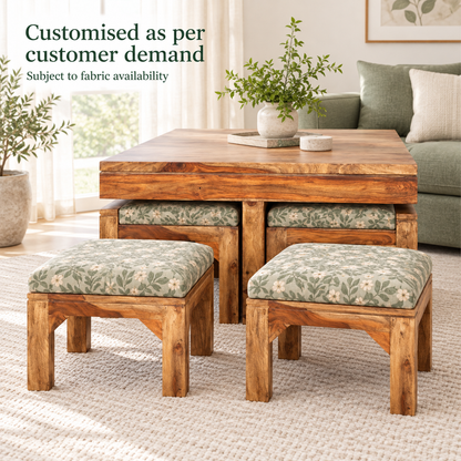 Thick-Top Centre Table with Four Wooden Stools – designer-fabric customisation preview, subject to fabric availability