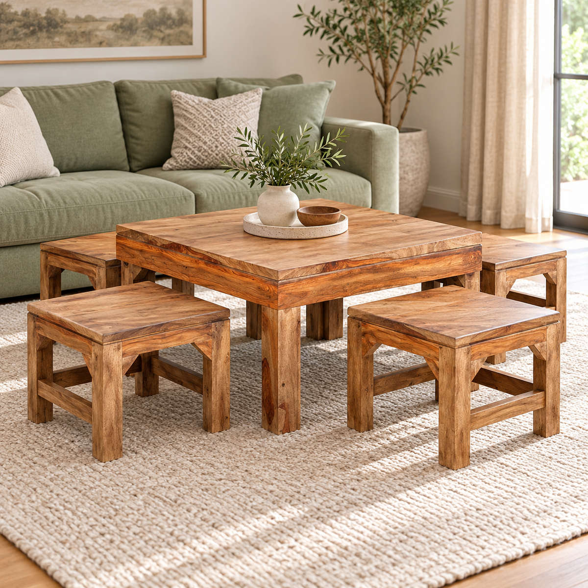 Thick-Top Centre Table with Four Wooden Stools – front studio view with stools tucked in