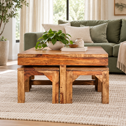 Thick-Top Centre Table with Four Wooden Stools – in a styled living room