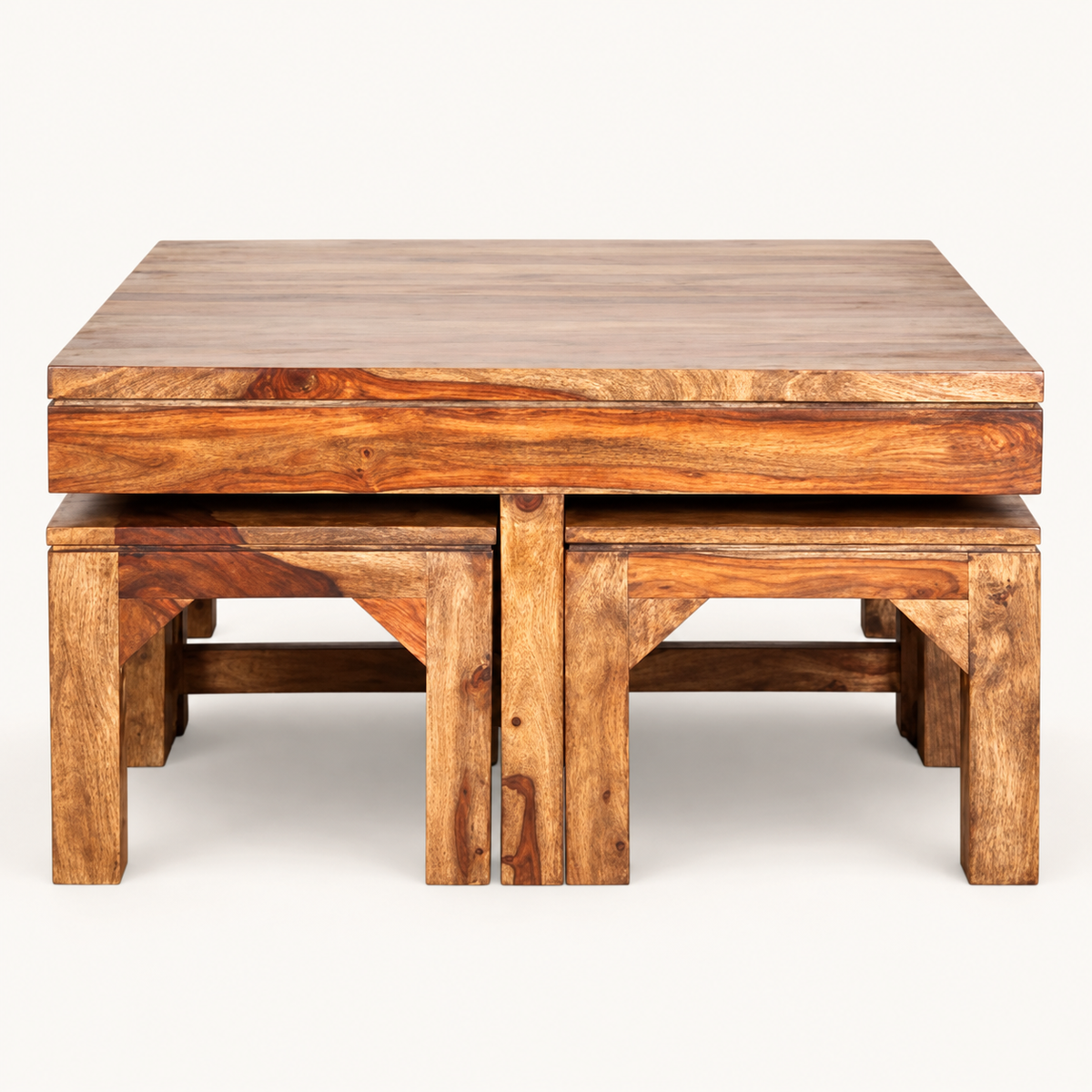 Thick-Top Centre Table with Four Wooden Stools – angled studio view with stools tucked in