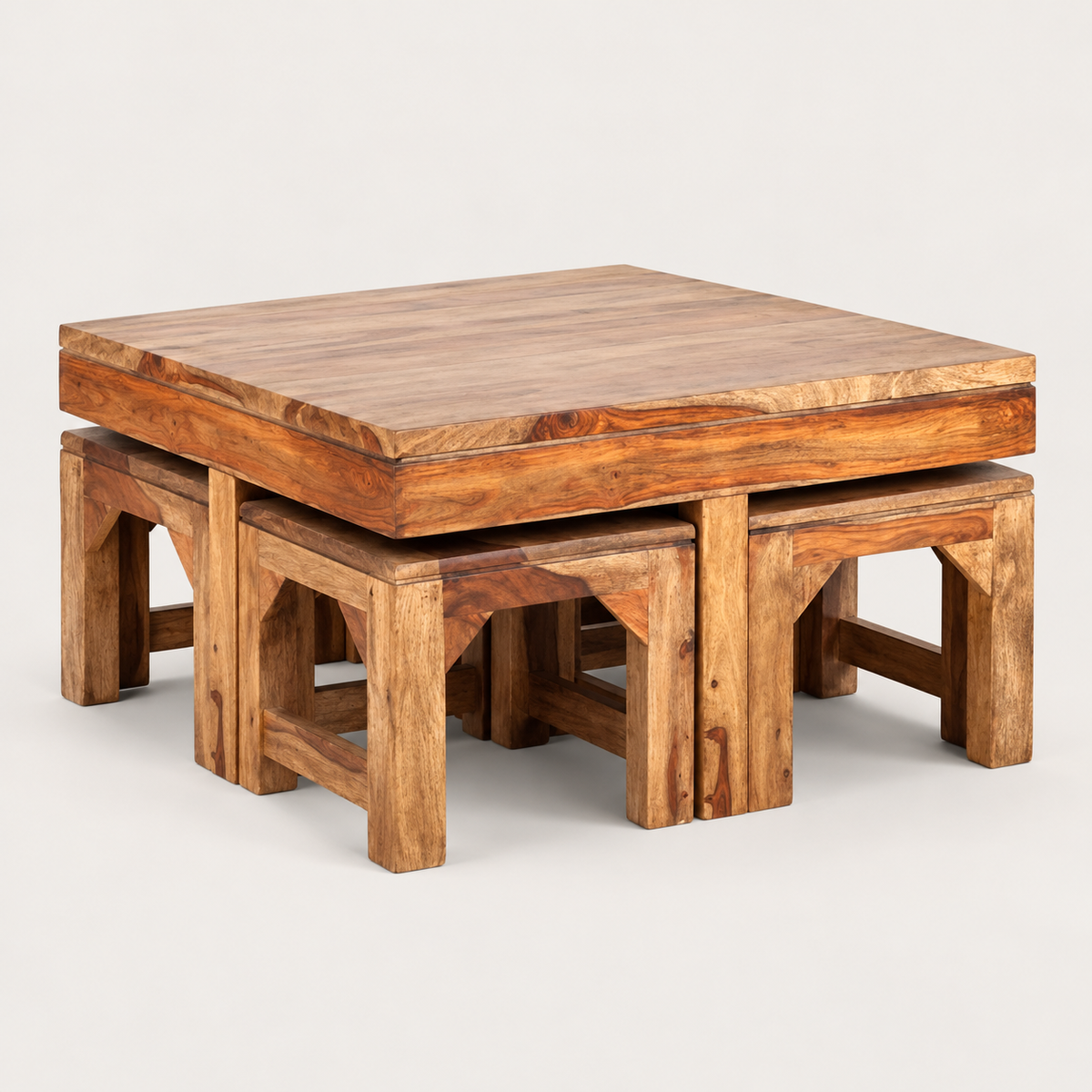 Thick-Top Centre Table with Four Wooden Stools – living room view with four stools pulled out