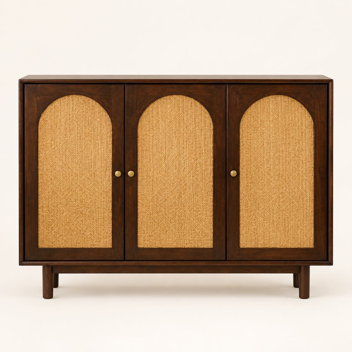 Three Door Arched Cane Wooden Cabinet in dark walnut finish – front studio view