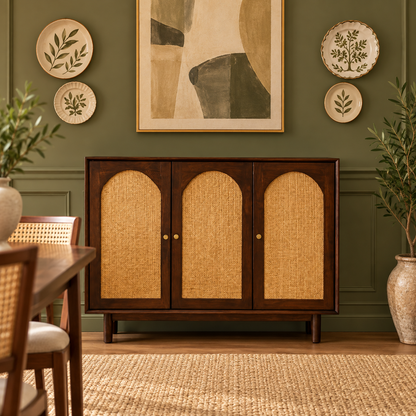Three Door Arched Cane Wooden Cabinet in dark walnut finish – lifestyle setting