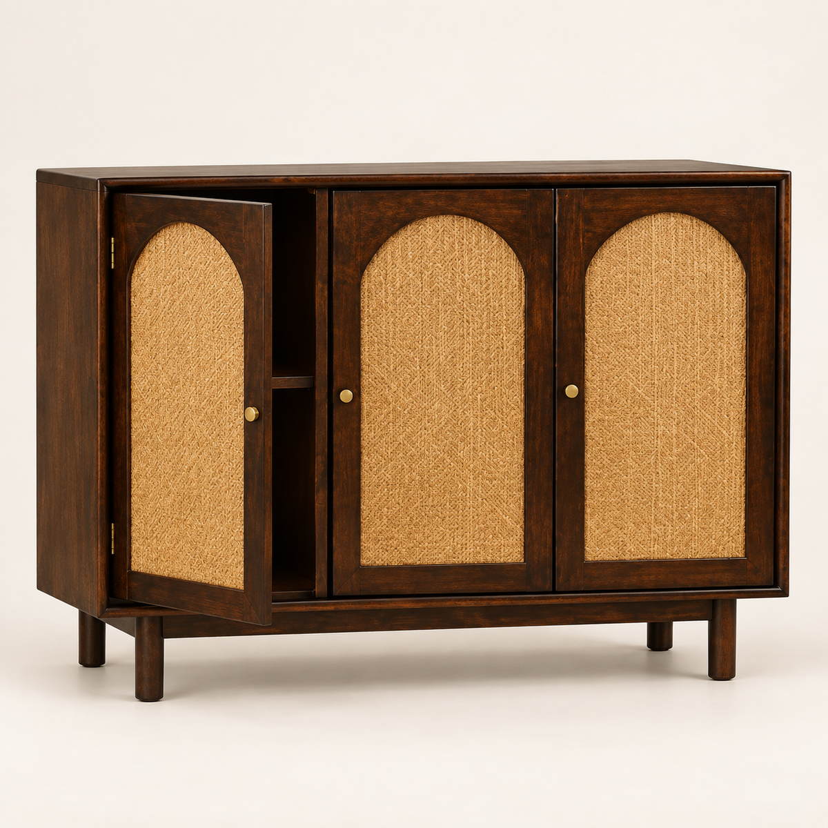 Three Door Arched Cane Wooden Cabinet in dark walnut finish – angled side studio view