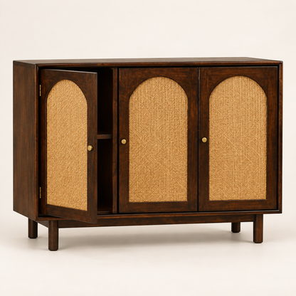Three Door Arched Cane Wooden Cabinet in dark walnut finish – angled side studio view