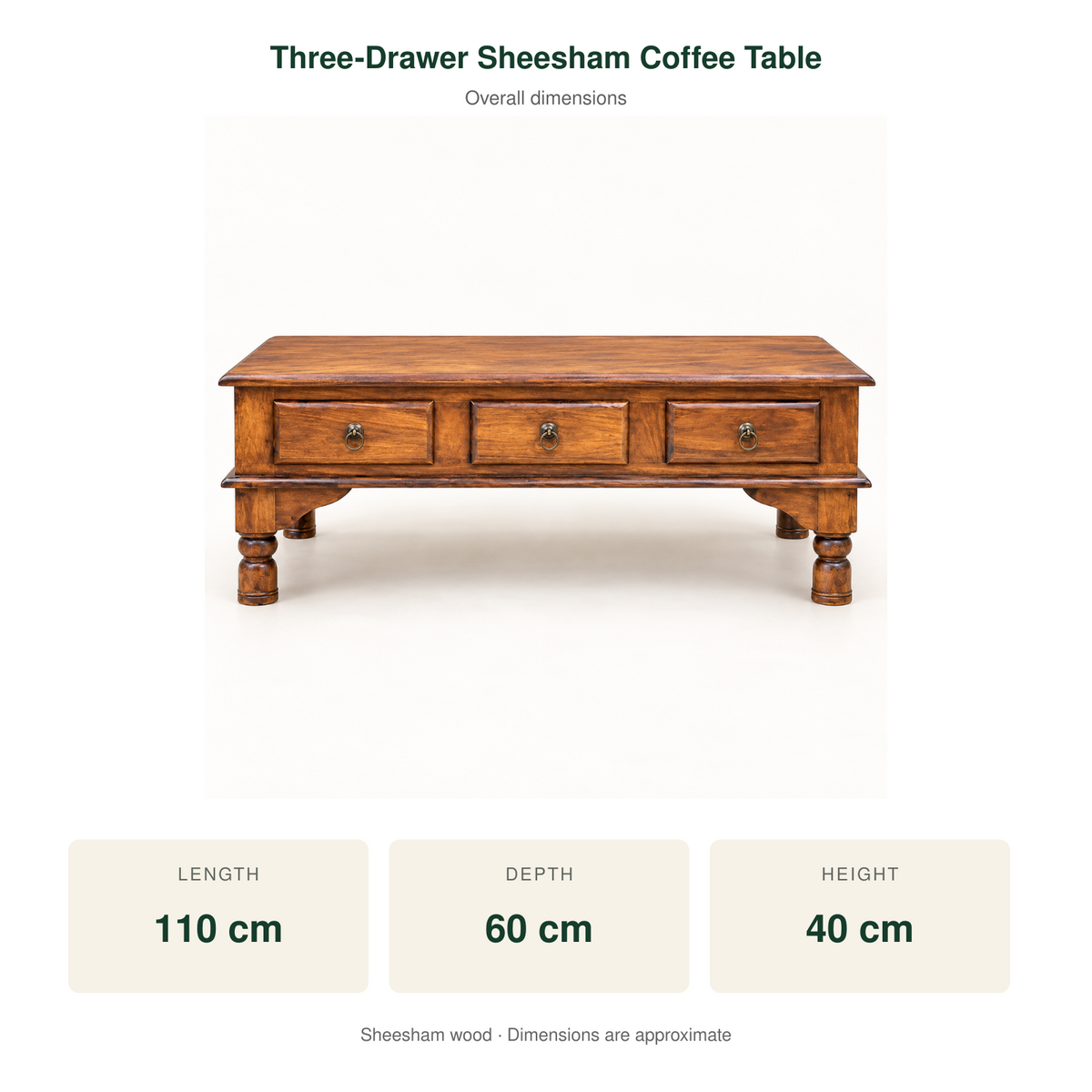 Three-Drawer Sheesham Wood Coffee Table – dimensions