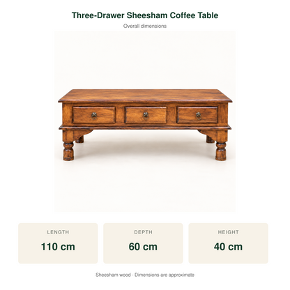Three-Drawer Sheesham Wood Coffee Table – dimensions