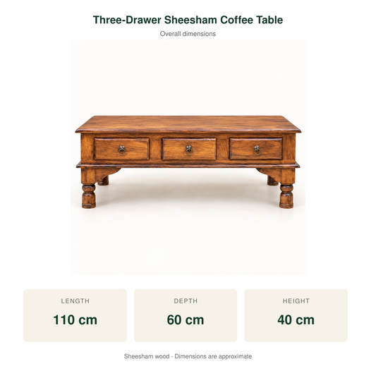 Three-Drawer Sheesham Wood Coffee Table – dimensions