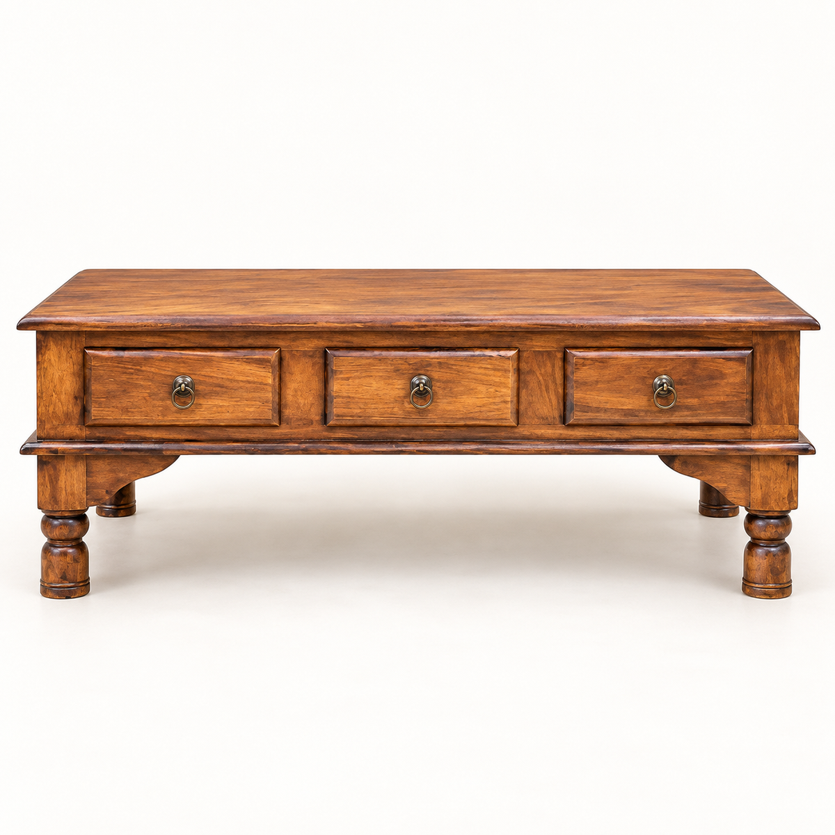 Three-Drawer Sheesham Wood Coffee Table – front studio