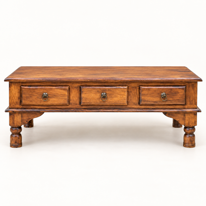 Three-Drawer Sheesham Wood Coffee Table – front studio