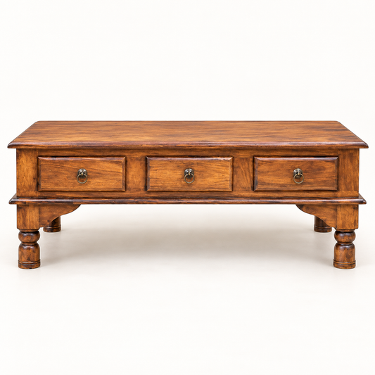 Three-Drawer Sheesham Wood Coffee Table – front studio
