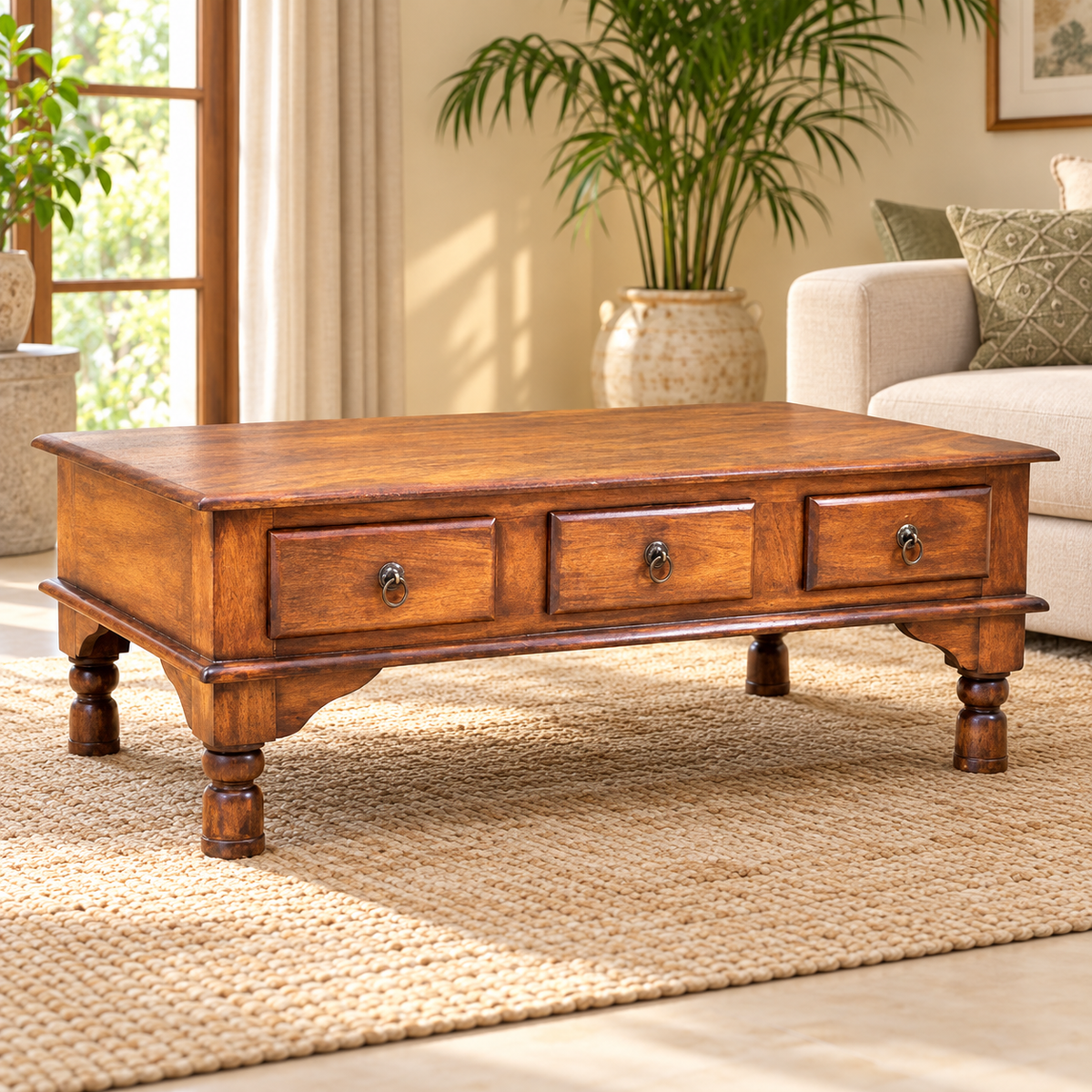 Three-Drawer Sheesham Wood Coffee Table – lifestyle