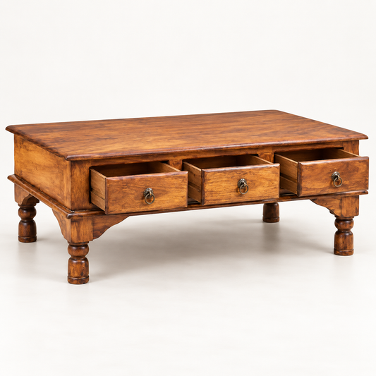 Three-Drawer Sheesham Wood Coffee Table – storage open