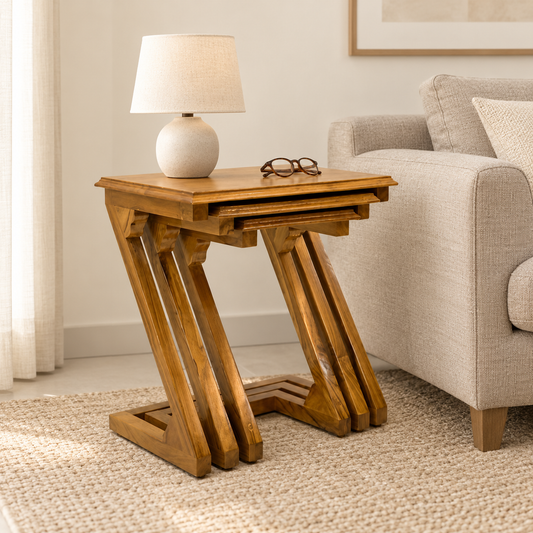 Three-Piece Wooden Nesting Table Set with Angled Legs in solid sheesham wood, shown in a furnished room.