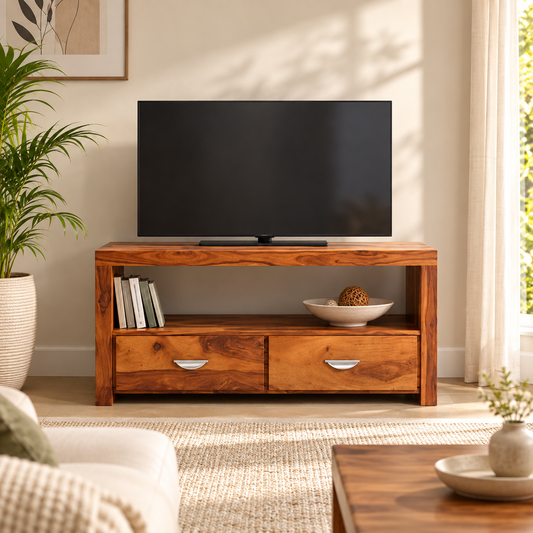 Two-Drawer Sheesham Wood TV Console – lifestyle