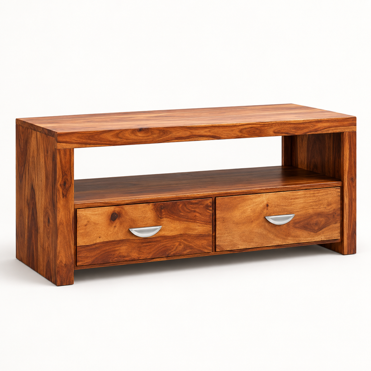 Two-Drawer Sheesham Wood TV Console – side studio