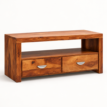 Two-Drawer Sheesham Wood TV Console – side studio