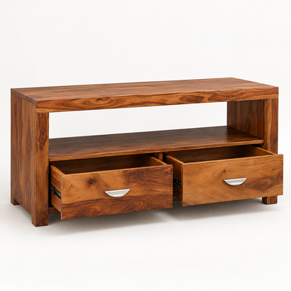 Two-Drawer Sheesham Wood TV Console – storage open