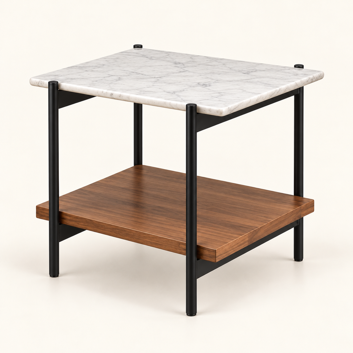 Two-Tier Marble and Teak Wood Side Table - angled studio view