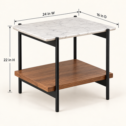Two-Tier Marble and Teak Wood Side Table - dimensions 24 W × 16 D × 22 H inches