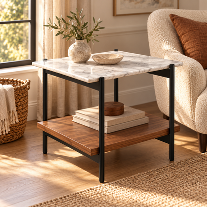Two-Tier Marble and Teak Wood Side Table - living room lifestyle view