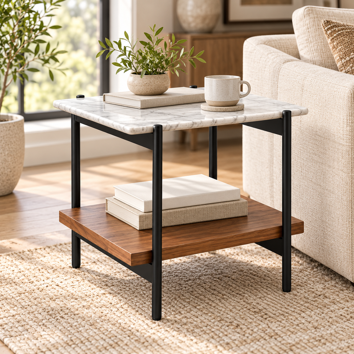 Two-Tier Marble and Teak Wood Side Table - alternate lifestyle view
