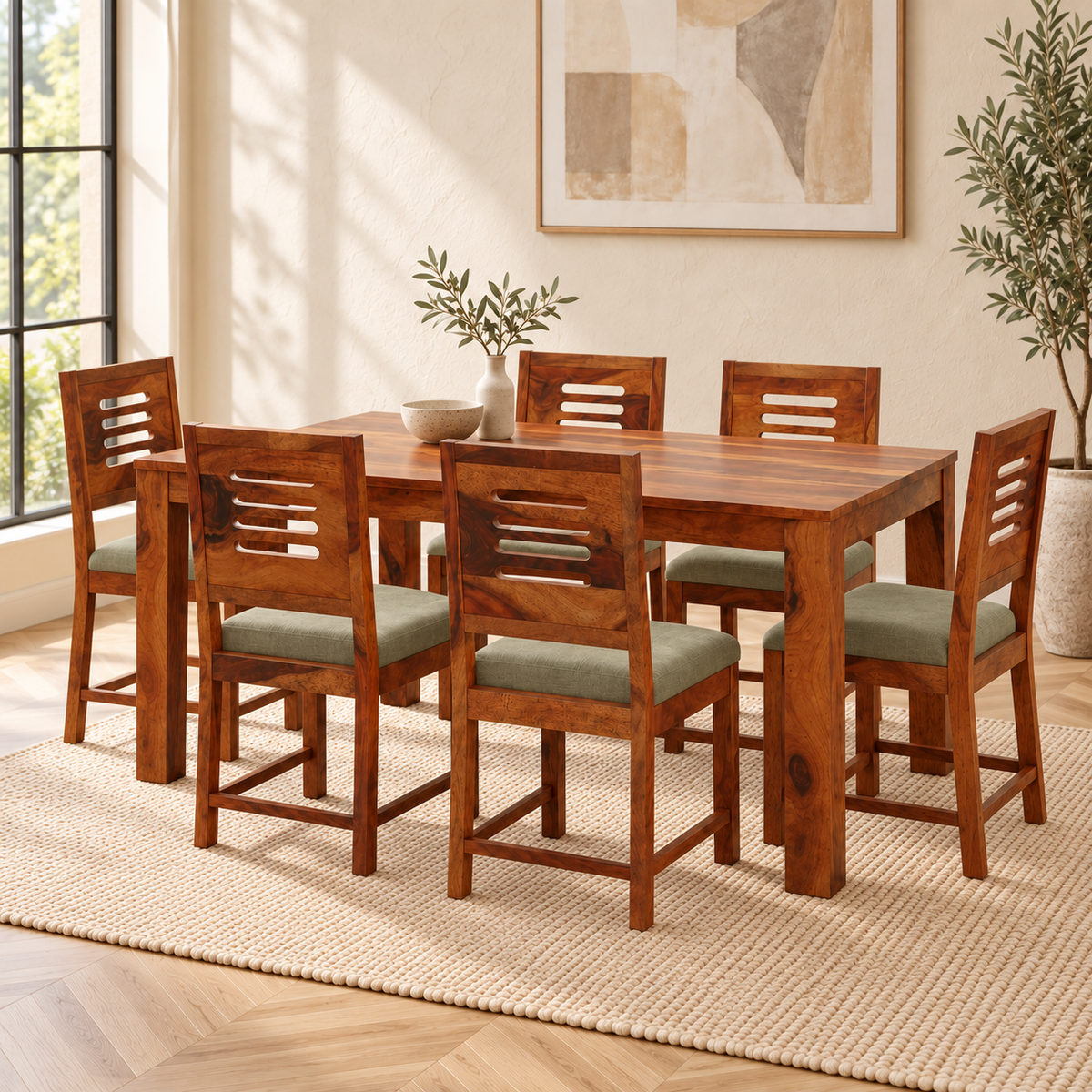 A 7-piece dining set consisting of a rectangular wooden table and six matching slatted-back chairs with sage green upholstered seats, shown in a bright, modern dining room setting.