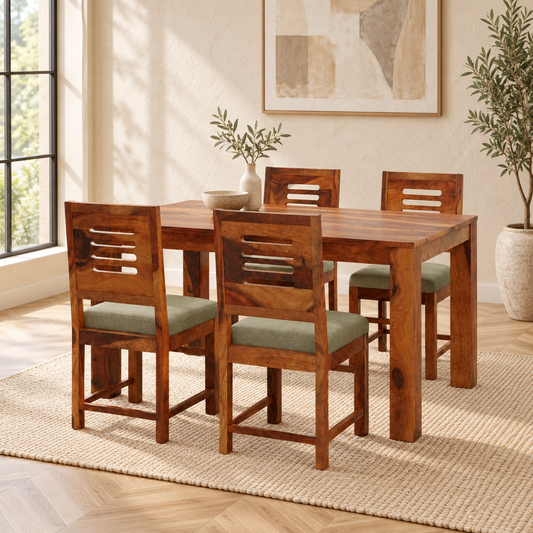 A 5-piece wooden dining set consisting of a rectangular table and four matching chairs with green upholstered seats, shown in a bright, modern dining room setting.