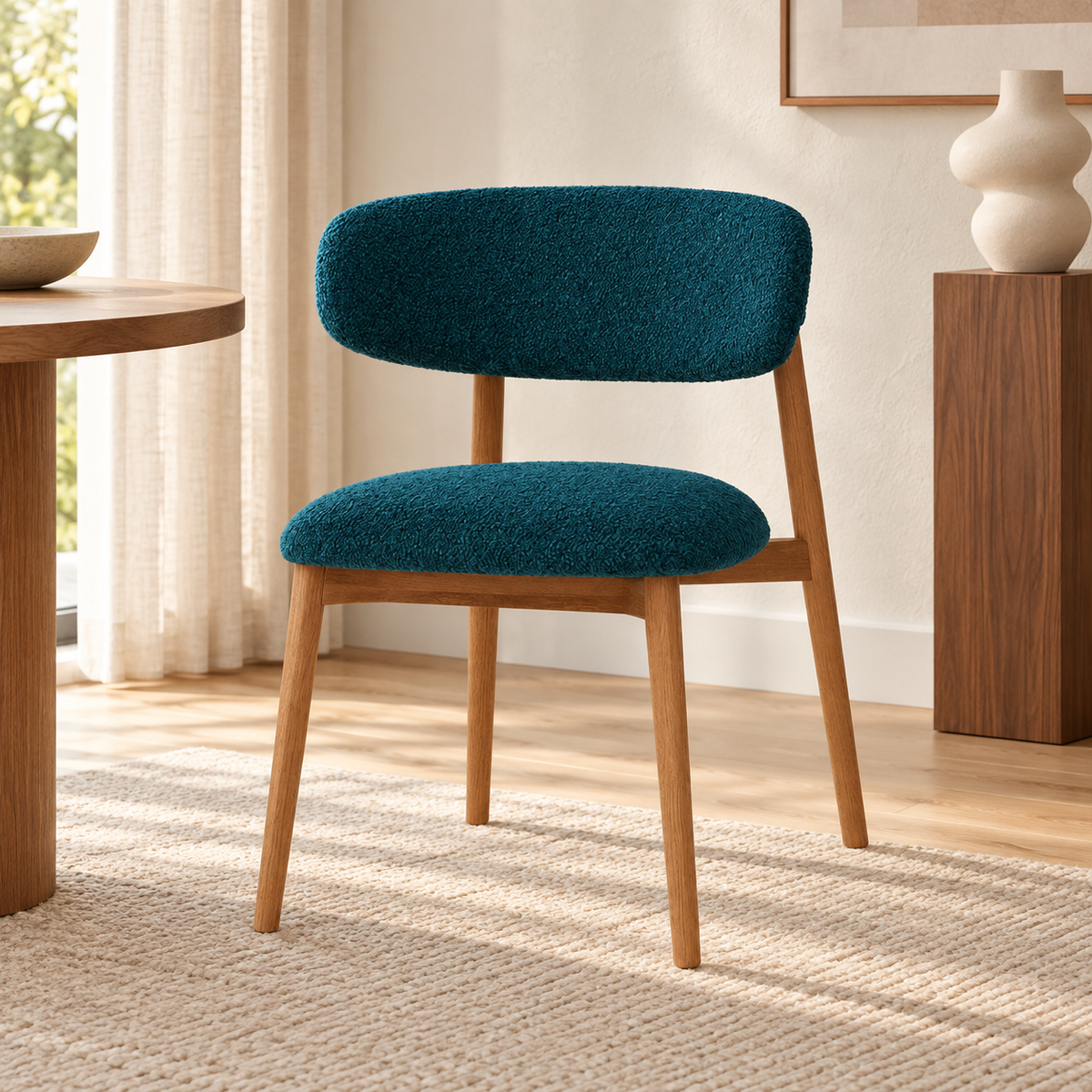 Upholstered Wooden Dining Chair in Deep Teal bouclé, shown in a lifestyle setting.