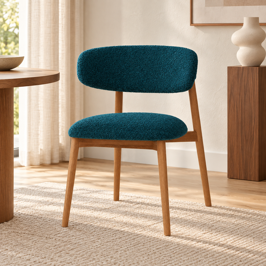Upholstered Wooden Dining Chair in Deep Teal bouclé, shown in a lifestyle setting.