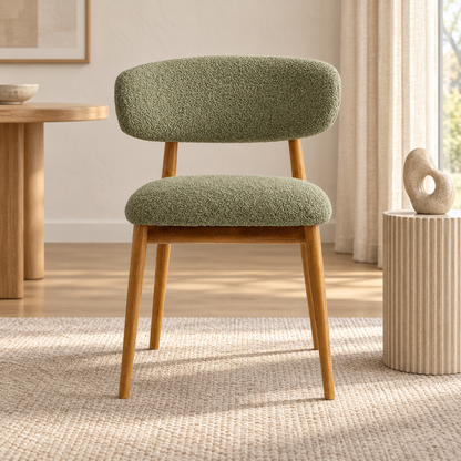 Upholstered Wooden Dining Chair in Sage Green bouclé, shown in a lifestyle setting.