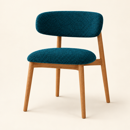 Upholstered Wooden Dining Chair in Deep Teal bouclé on a clean studio background.
