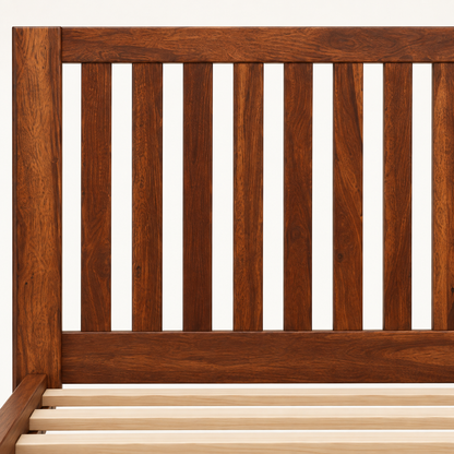 Vertical Slat Wooden Bed in teak wood — close-up of headboard