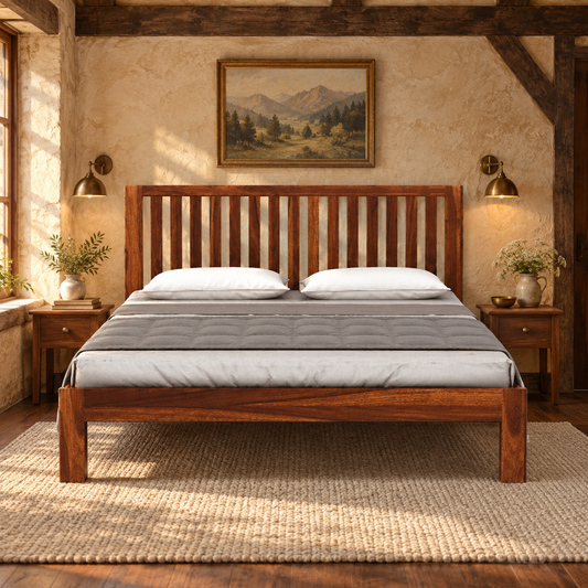 Vertical Slat Wooden Bed in teak wood — front view styled in bedroom