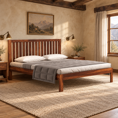 Vertical Slat Wooden Bed in teak wood — side view styled in bedroom