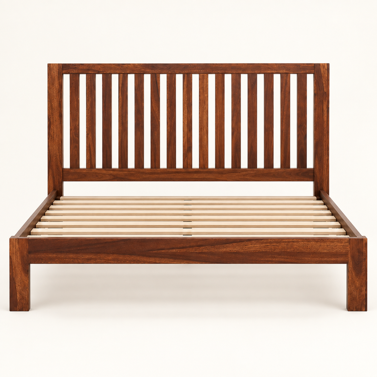 Vertical Slat Wooden Bed in teak wood — front studio view of bare frame