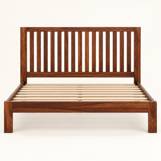 Vertical Slat Wooden Bed in teak wood — front studio view of bare frame