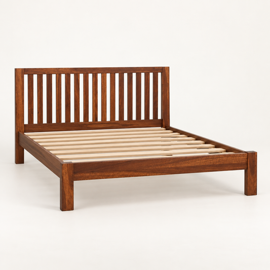 Vertical Slat Wooden Bed in teak wood — side studio view of bare frame