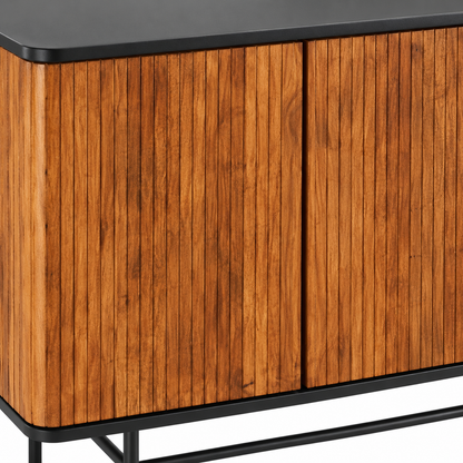 Vertical Slatted Wooden Cabinet with Black Top in natural wood with black top and base finish – material and detail close-up