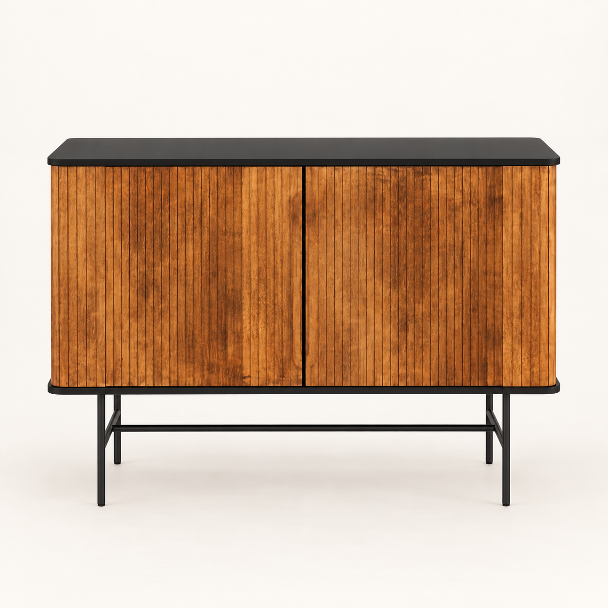 Vertical Slatted Wooden Cabinet with Black Top in natural wood with black top and base finish – front studio view