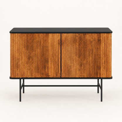 Vertical Slatted Wooden Cabinet with Black Top in natural wood with black top and base finish – front studio view