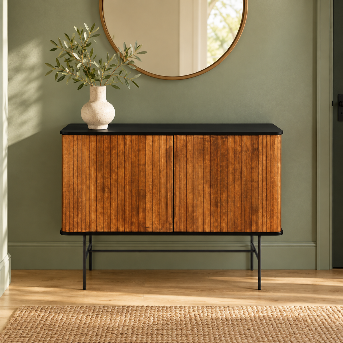 Vertical Slatted Wooden Cabinet with Black Top in natural wood with black top and base finish – lifestyle setting