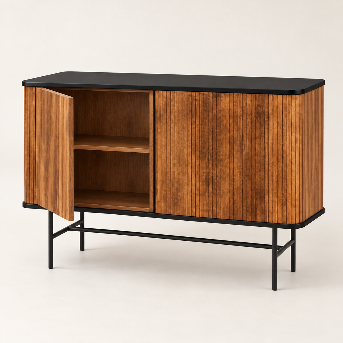 Vertical Slatted Wooden Cabinet with Black Top in natural wood with black top and base finish – angled side studio view