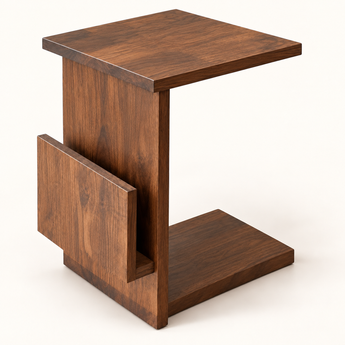 Walnut C-Shaped Sofa Side Table with Magazine Holder - angled studio view