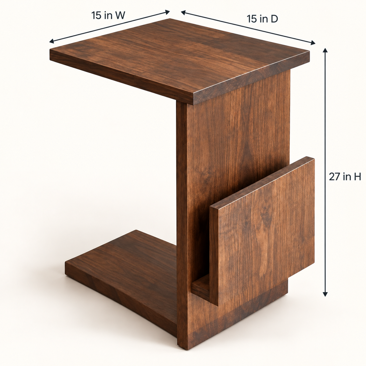Walnut C-Shaped Sofa Side Table with Magazine Holder - dimensions 15 W × 15 D × 27 H inches