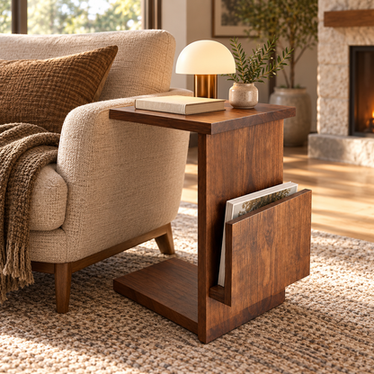 Walnut C-Shaped Sofa Side Table with Magazine Holder - living room lifestyle view